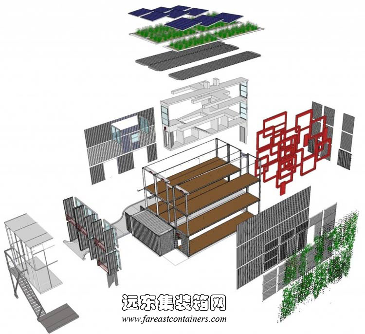 福克斯集装箱公寓构造分解图,集装箱房屋,集装箱活动房,住人集装箱,集装箱住宅,集装箱建筑